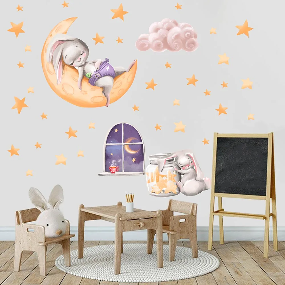 Cartoon Good Night Rabbit Moon Star Wall Sticker Bedroom Baby Nursery Animal Coffee Sleep Wall Decal Playroom Home Decor