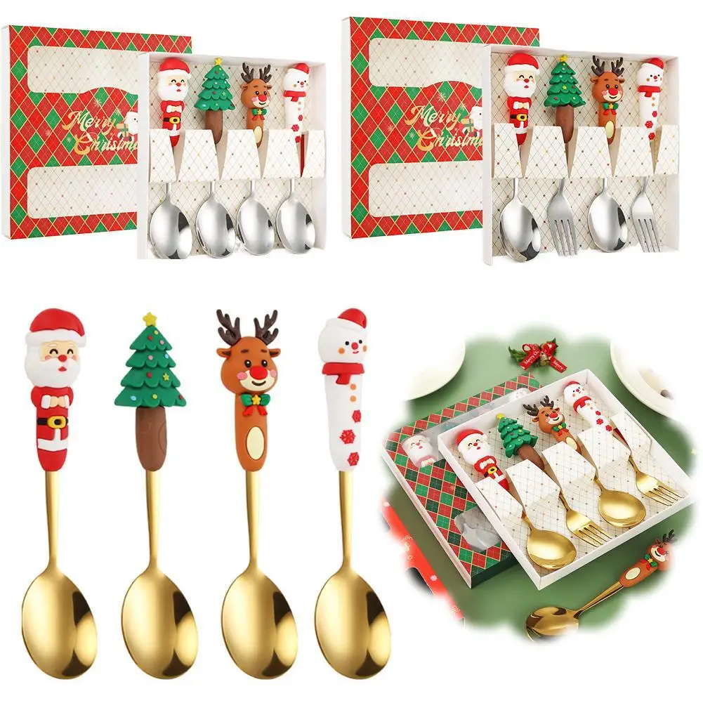 

Рождественские ложки, набор вилок, рождественский набор столовых приборов, лось, десерт, совок, фруктовая вилка, кофейная ложка, набор десертных вилок из нержавеющей стали