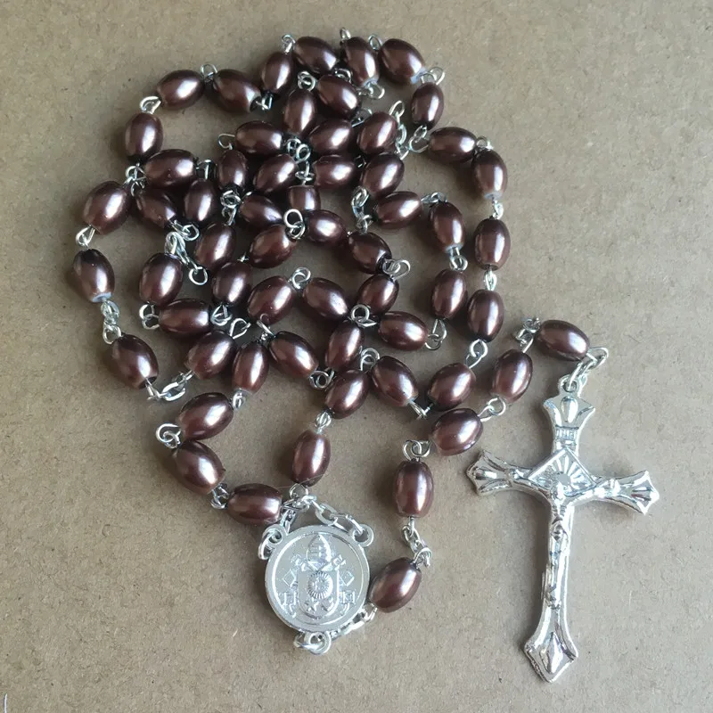 5pcs/pack 8*6mm oval glass faux pearl rosary with silver plating chain necklace,pope Francisco center and Jesus cross