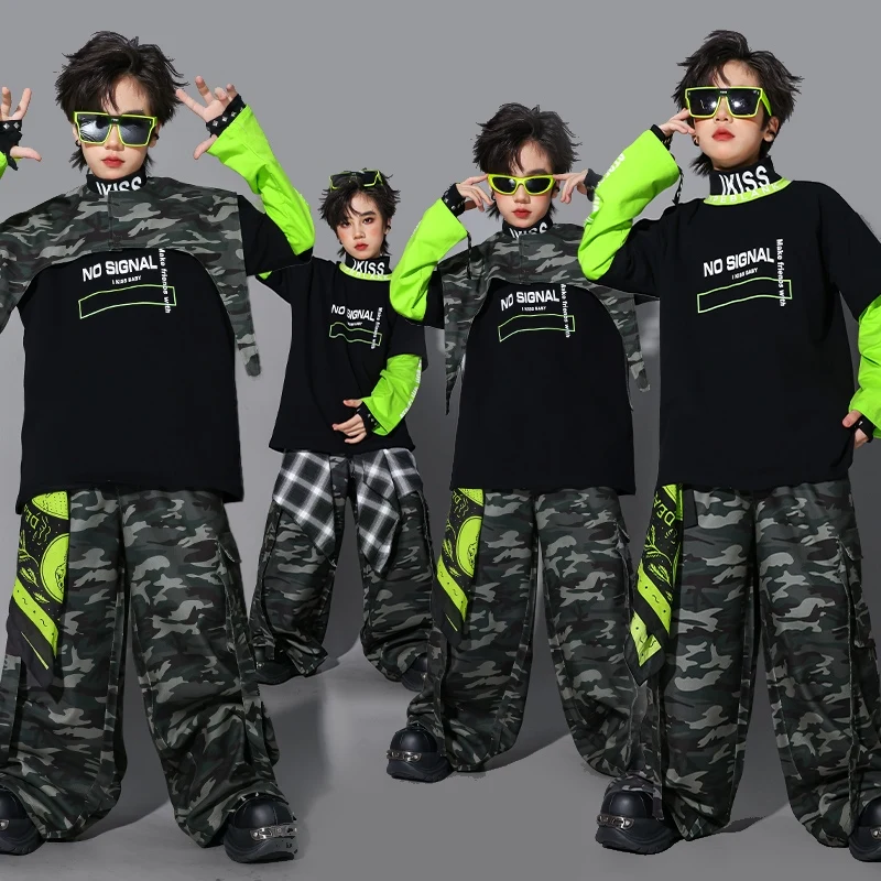 Jongens Hip Hop Kostuum Jazzdans Outfit Groen Zwart Top Camouflage Broek Kinderen Prestaties Outfit Street Dance Kleding 2536