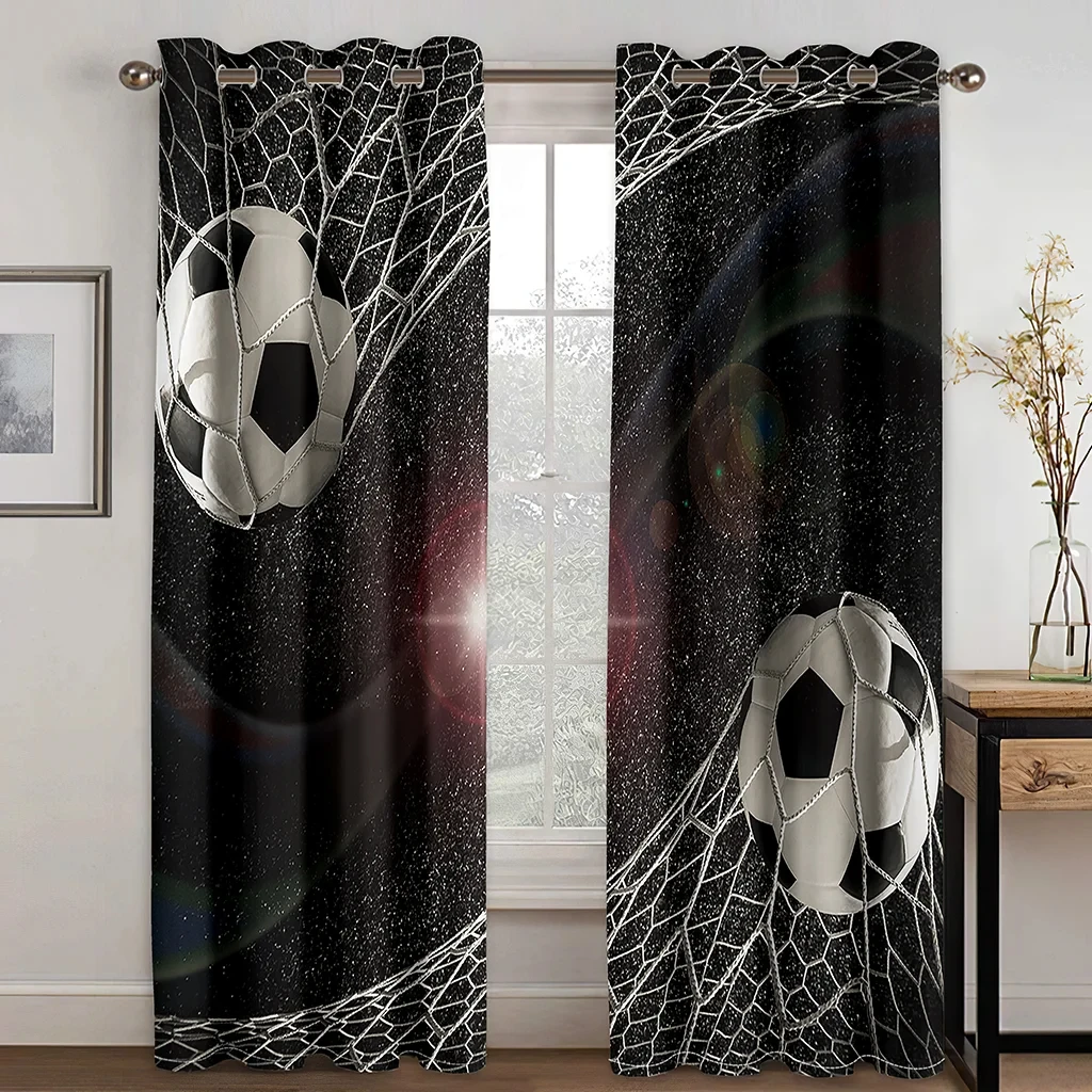 Soccer Ball Curtains Goal Net Print Drapes Cool Boys Room Living Room Sports Decor Curtains 2 Panels Set