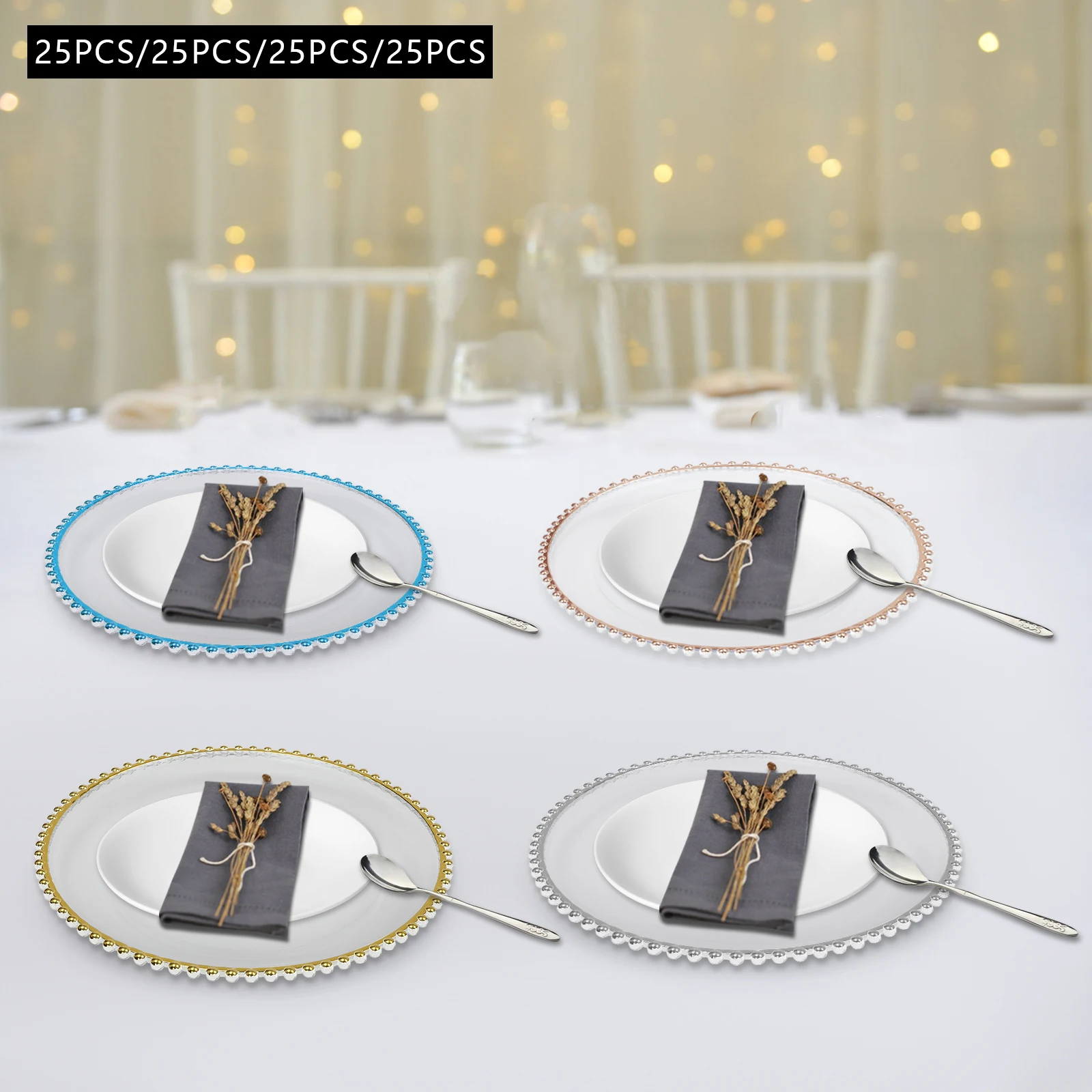 

Elegant Beaded Charger Plates Set of 25 for Wedding Party Banquet Dining Events Gold Rose Gold Silver Blue Decorative Serving