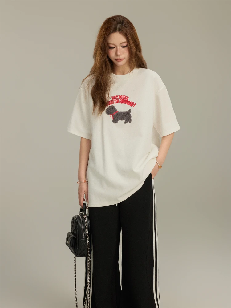 Fashionable Summer Short Sleeve T-Shirt Women's Letter Dog Print Top Casual Loose Fit Cotton Tee Stylish Versatile Summer Wear