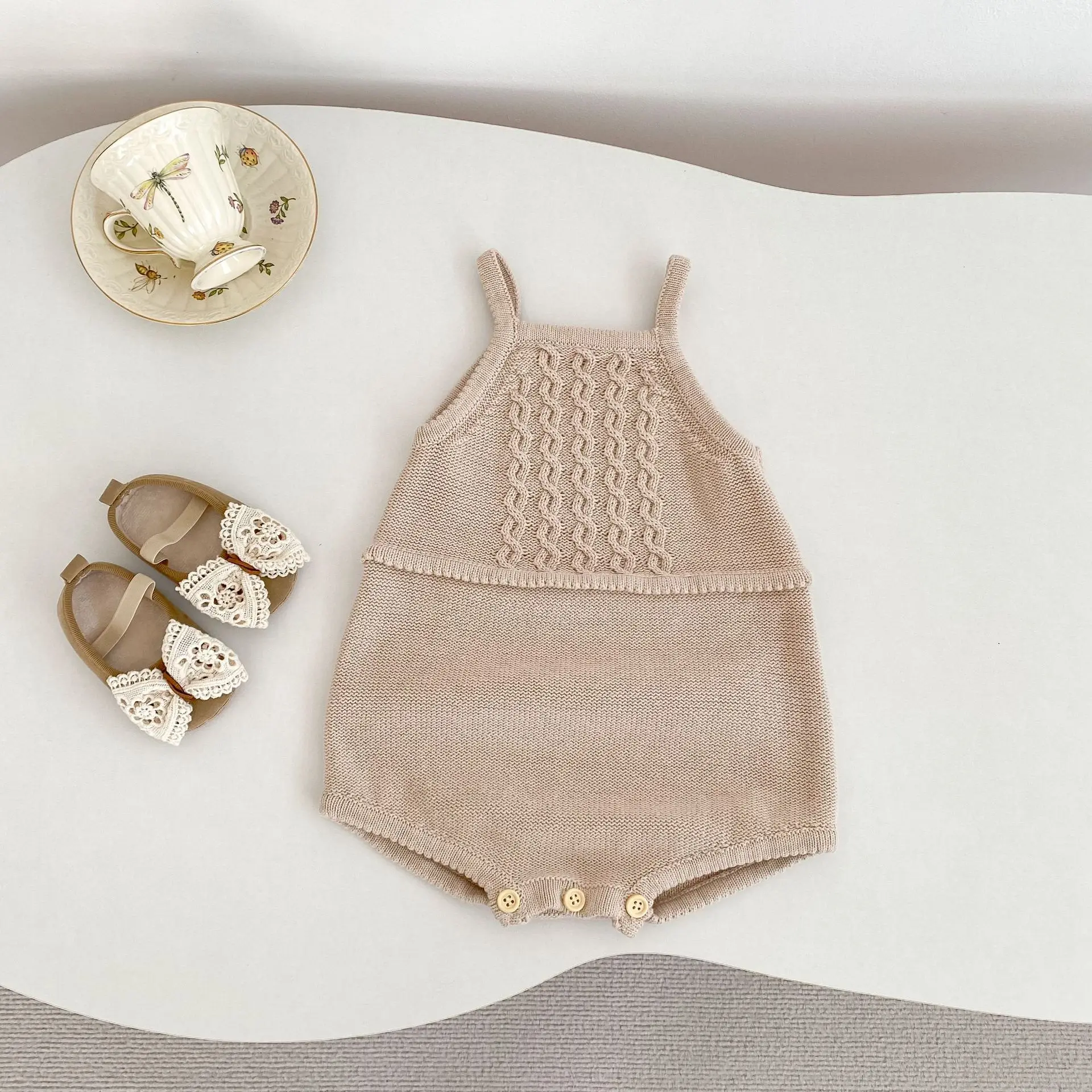 Straps Cable Baby Romper Knitted Infant Jumpsuit Cream Cotton Toddler Playsuit
