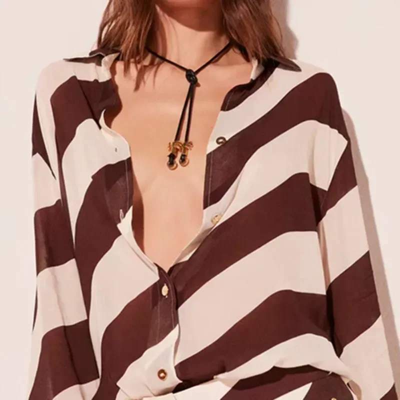 

Autumn Long Sleeve Button Shirt And Shorts Sets Woman 2 Piece Fashion Stripe Print Streetwear Clothing Casual Female Suit Outfit