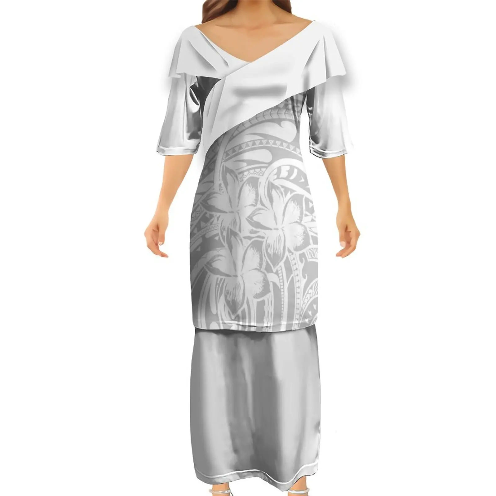 Mother's Day Gift Custom White Sunday Design Polynesian Tribal Ruffle V Neck Samoan Puletasi Long Top And Skirts Two Piece Sets