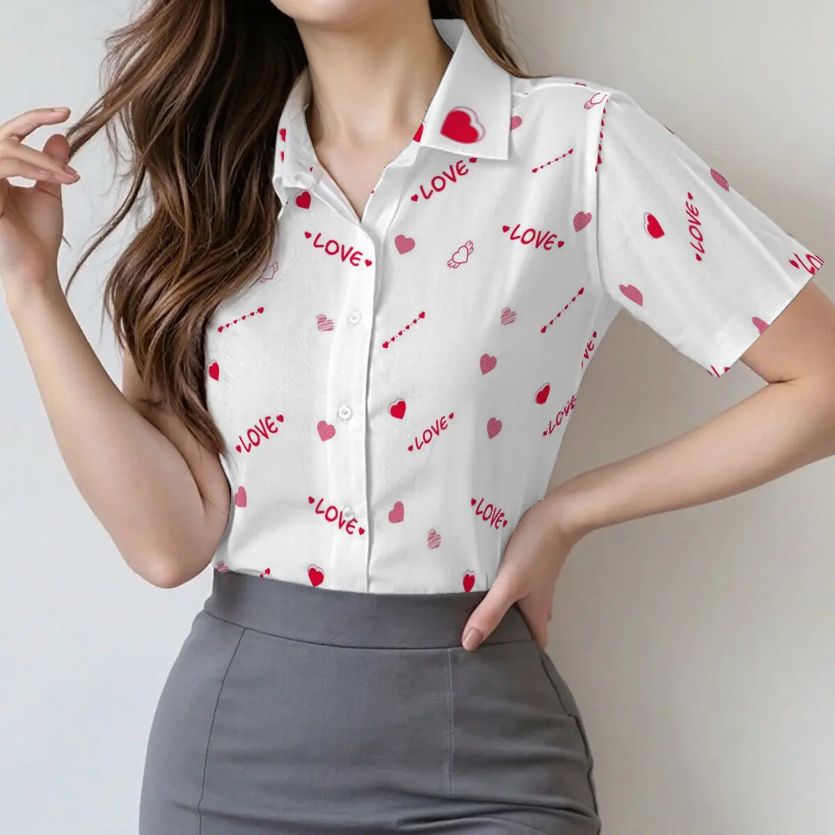 

Women's fashion short-sleeve shirt with heart & LOVE print, sweet and eye-catching, perfect for dates,parties,outings and events