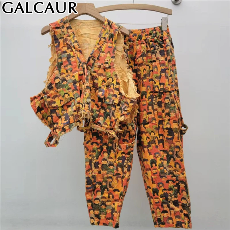 

GALCAUR Loose Spliced Printing Two Piece Sets For Women V Neck Sleeveless Fashion Vest High Waist Patchwork Pockets Pant Female