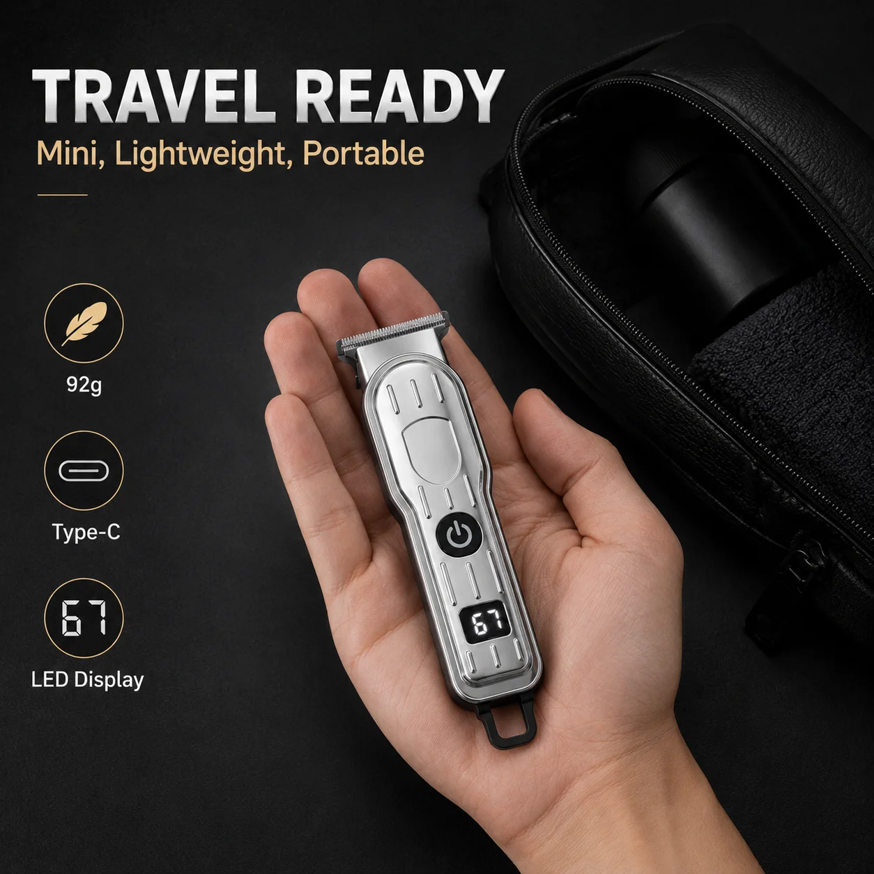 Compact and Portable Mini Electric Hair Clipper for Men, with Digital Power Display, Four Types of T-Shaped Blade Guide Combs, Type-C Rechargeable Cordless Hair Trimmer, Suitable for Trimming Hairline, Sideburns, Back of Neck, Short Hair, and Beard Contours, Travel and Home Hair Grooming Tool, Four Guide Combs, Multiple Length Settings, Mini Body Design, Fits in a Toiletry Bag or Suitcase for Convenience