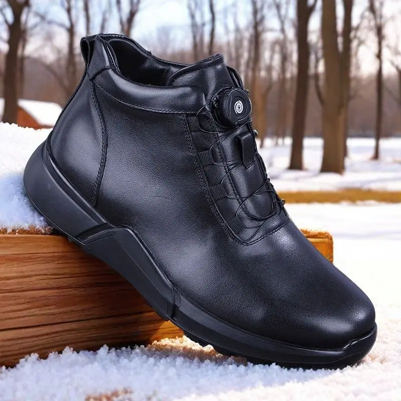 Cow Leather High Top Shoes Men Inner Fleece Real Wool Cotton Rotary Buckle Loafers Wool Winter Warm Outdoor Snow Boots Fur Plush