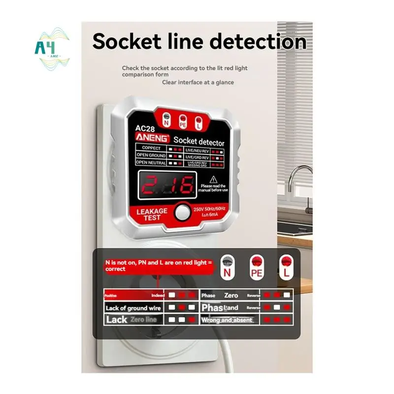 

A40Z- AC28 Socket Tester With LCD Display - Voltage And Phase Meter For US Outlets, Electrical Safety Inspection Tool