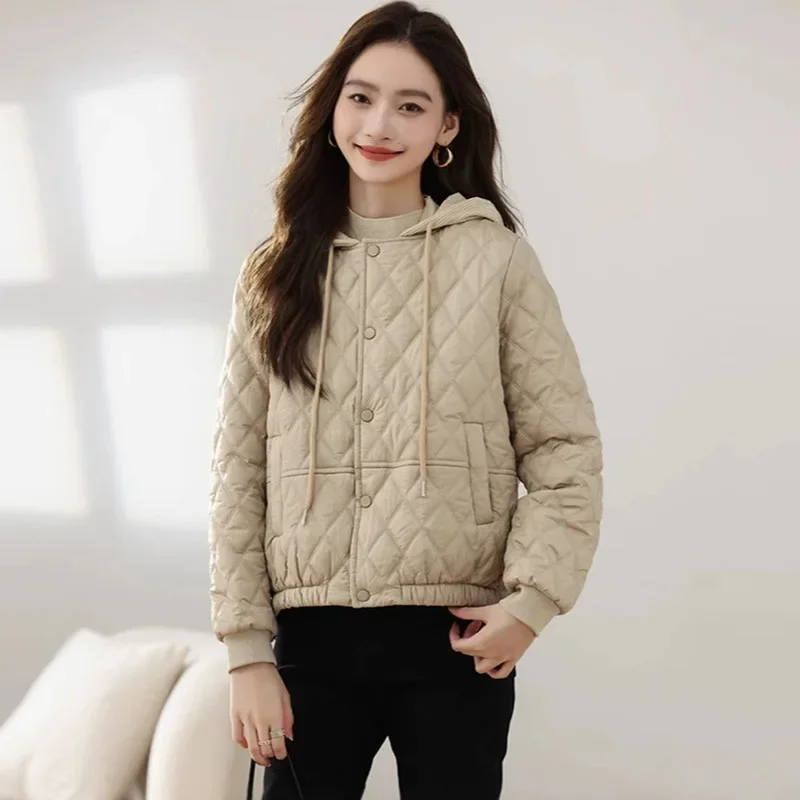 

2025 New Winter Women Khaki Down Cotton Coat Casual Light Puffer Jacket Female Short Single Breasted Warm Outerwear