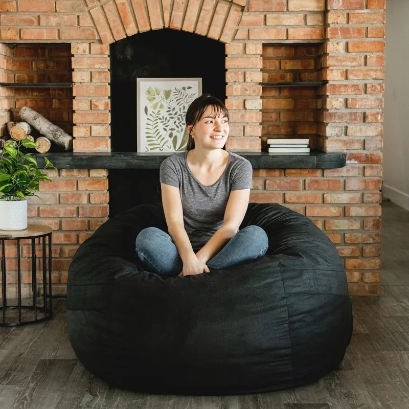 Fuf Large Foam Filled Bean Bag Chair with Removable Cover, Black Lenox, Durable Woven Polyester, 4 feet Big