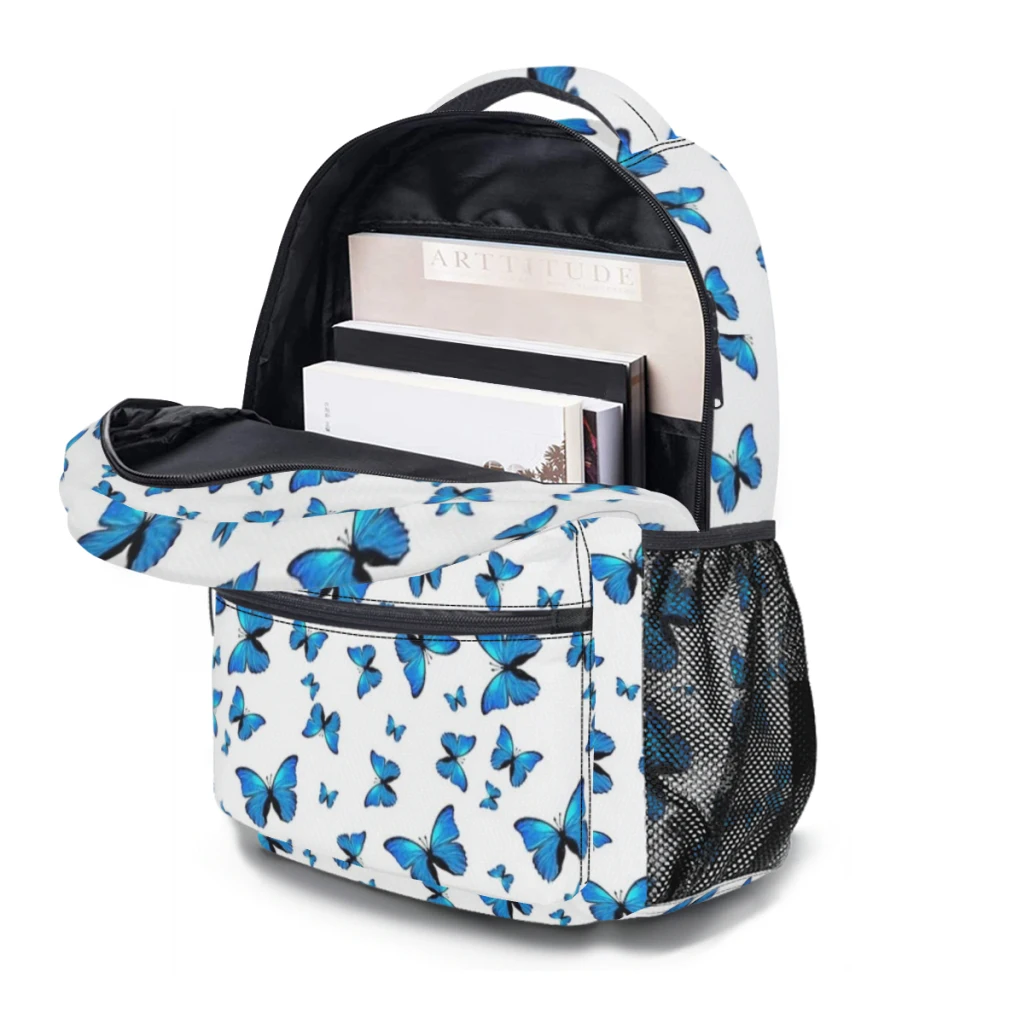 Mochila escolar con estampado de mariposas azules para niños, mochila informal ligera para jóvenes, 17 pulgadas