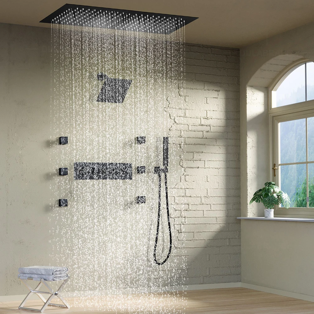 Matte Black Thermostatic Shower System Set Concealed Ceiling Rainfall Shower Head 6 Massage Body Jets Brass Shower Faucet Set