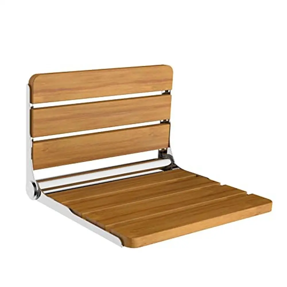 Fold Down Shower Bench Wall Mounted Teak Wood Seat Durable Waterproof Non-Slip Safe Installation Small Spaces 440lb Capacity