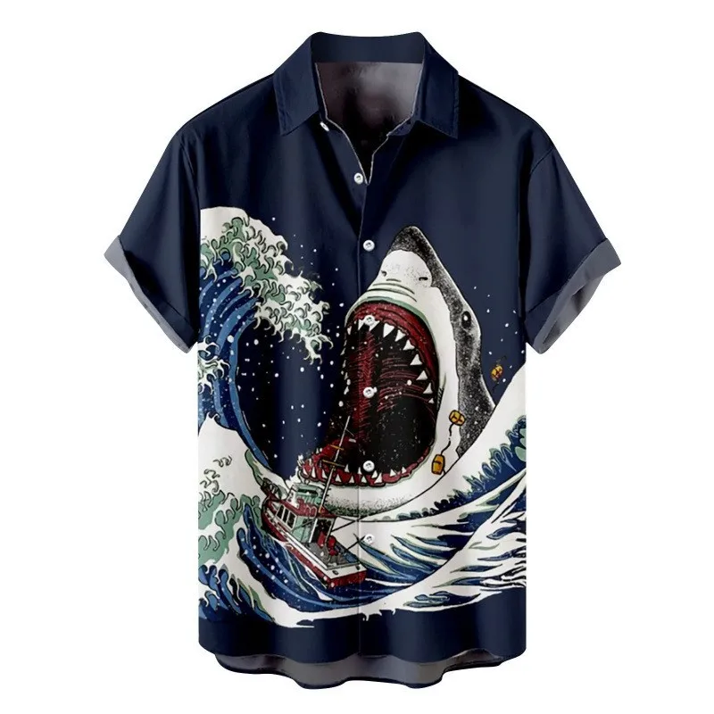 

Модные летние рубашки с 3D японским художественным рисунком 2025: разноцветные (темно-синие/бежевые), повседневная одежда