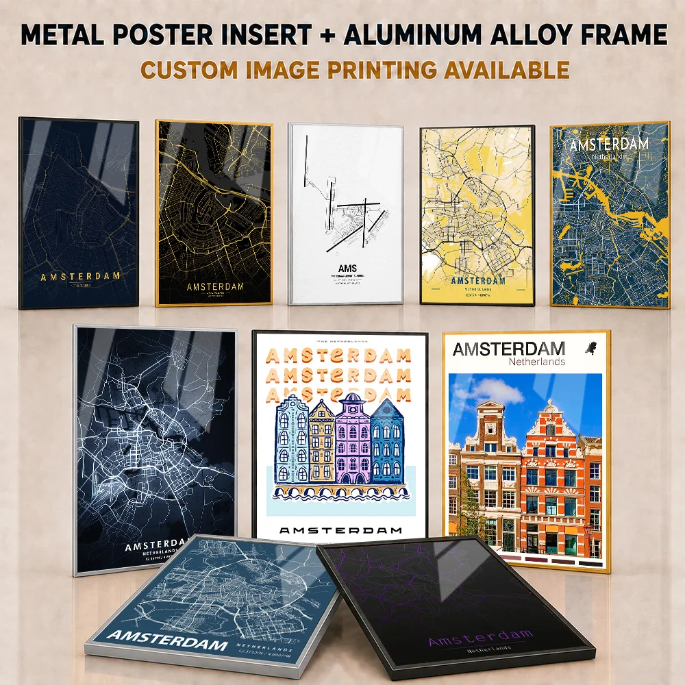 Amsterdam Framed Metal Poster Personalized Atmospheric Geographic Travel Aesthetic Wall Art For Home Office Map Collector Gift