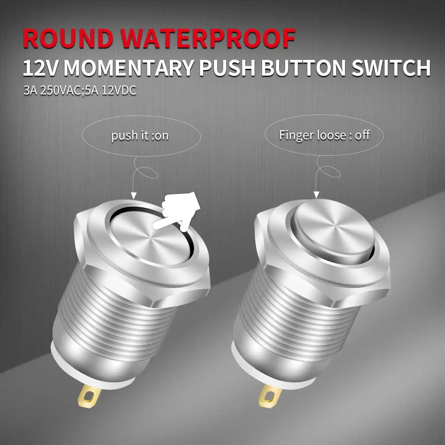 6pcs 12mm Momentary Push Button Switch 12V Waterproof Power Pushbutton Small Round Chrome Stainless Metal 2pin N/O