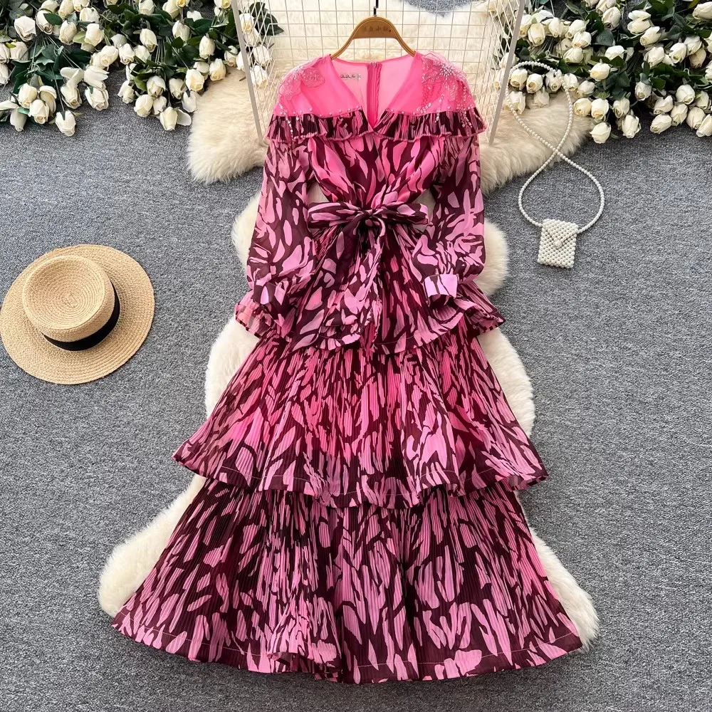 

French Vintage Elegant Beading Bow Cascarding Dress 2026 Spring Summer V-Neck Lantern Sleeve Ruffles Long Chiffon Party Dresses