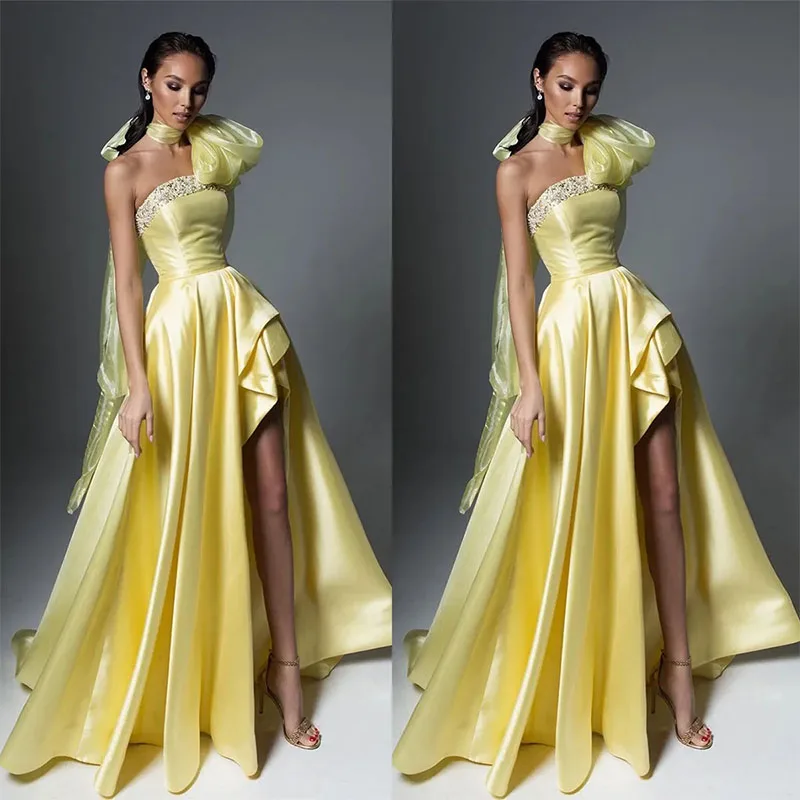 Vestido de noche sin tirantes para mujer, traje Sexy amarillo con abertura lateral alta, elegante, largo hasta el suelo, ideal para fiesta de graduación, novedad