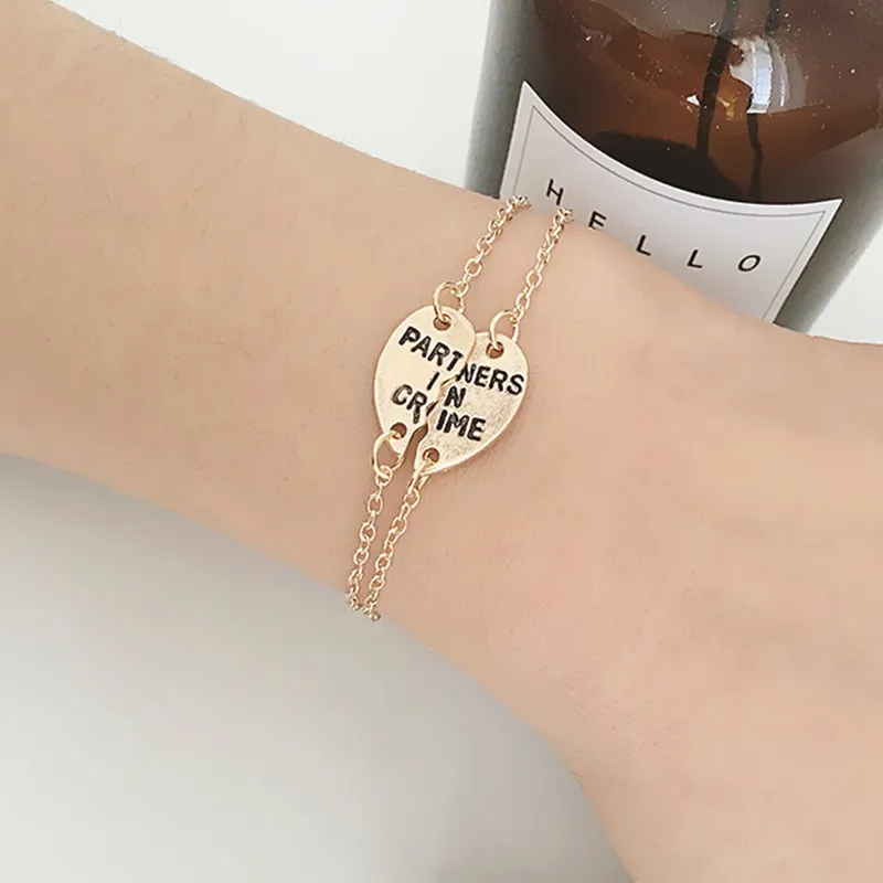 2Pcs/set Fashion Heart Stitching Partner In Crime Friendship Bracelet For Girls Couple Best Friend Charm Statement Jewelry Gifts