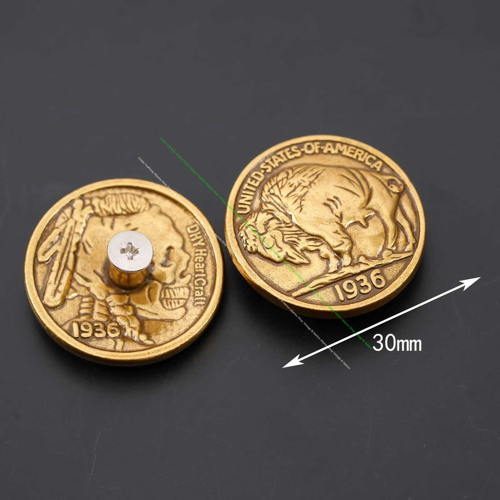 10Pcs 30mm Antique Brass1936 Buffalo Nickels Indian Head Handmade Leathercraft Belt Coin Concho Ornament Accessories