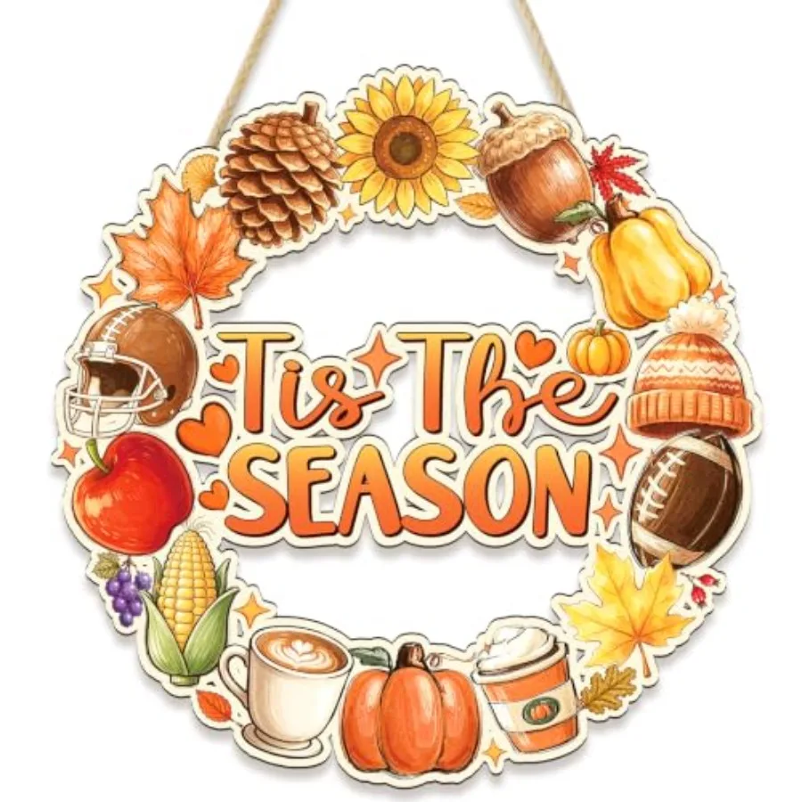 Fall Door Decor - Fall decorations Door Sign Thanksgiving Wreath for Front Door Hanger Tis the Season Autumn Hanging Sign Woode