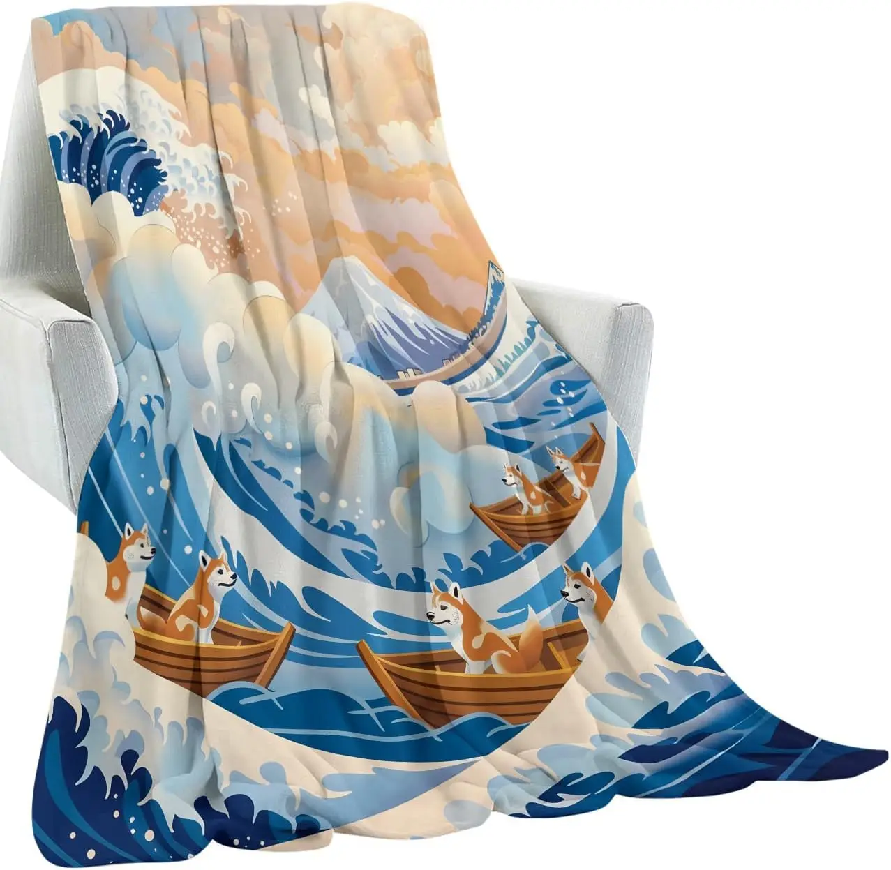 Japanese Wave Mount Fuji Cute Shiba Inu Boat Print Flannel Blanket Soft Warm Throw For Sofa Bedroom Indoor Outdoor Daily Home