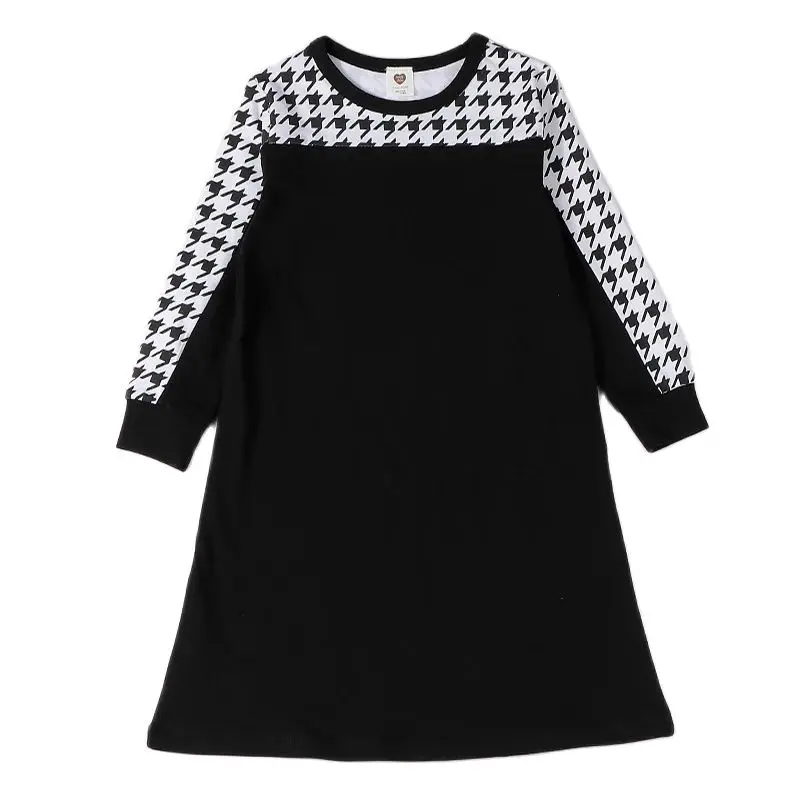 Girls Dress Kids Clothes Long Sleeves Cotton Children Clothing Dress Black Houndstooth Girls Clothes Casual Long Preppy Style