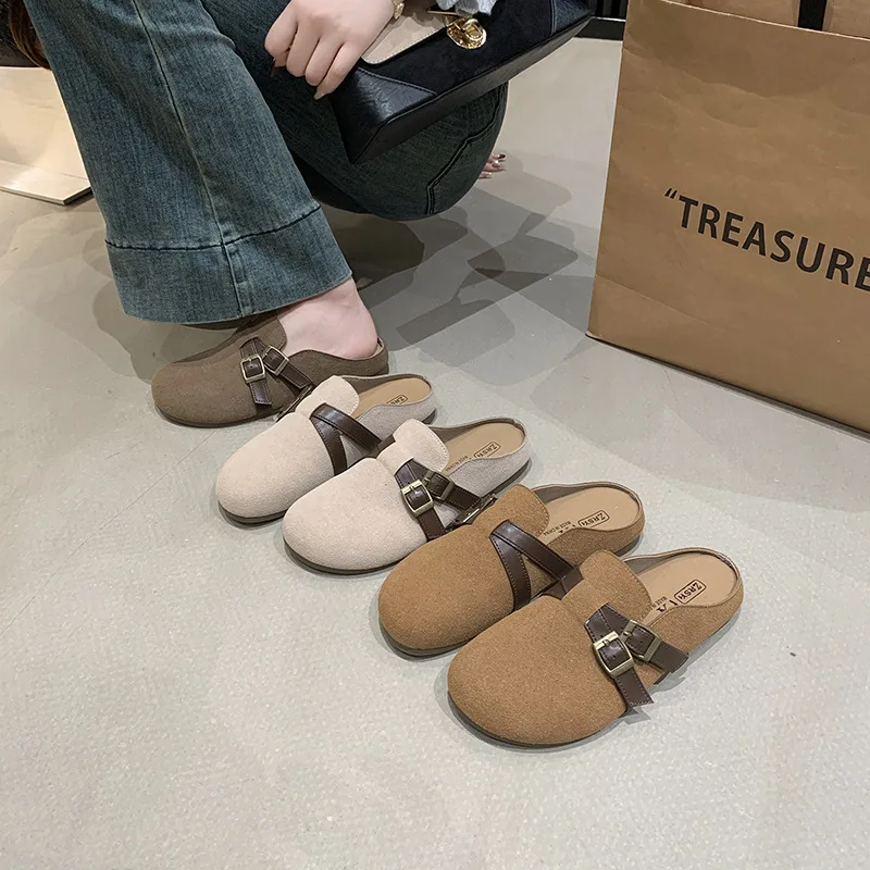 

Rubber Slippers Shoes Woman 2025 Platform Pantofle Cover Toe Low Flock Flat New Soft Slides Hoof Heels Rome Spring Fabric PU Cas