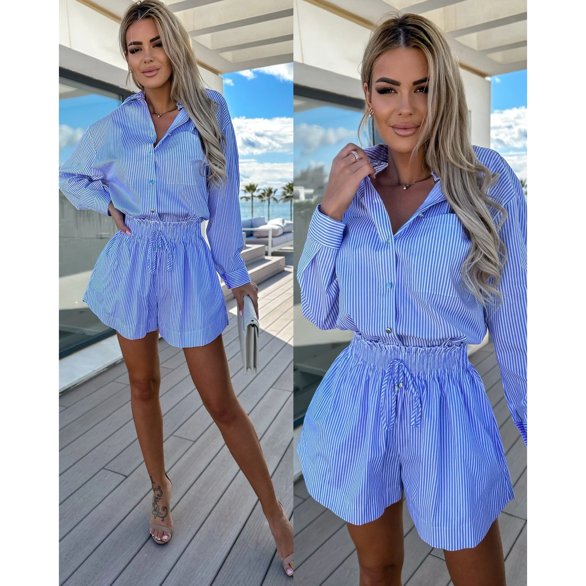 

Faionable полосатый комплект irt orts, женская повседневная одежда, брюки с высокой талией, девять брюк, весенняя коллекция, полиэфирная ткань