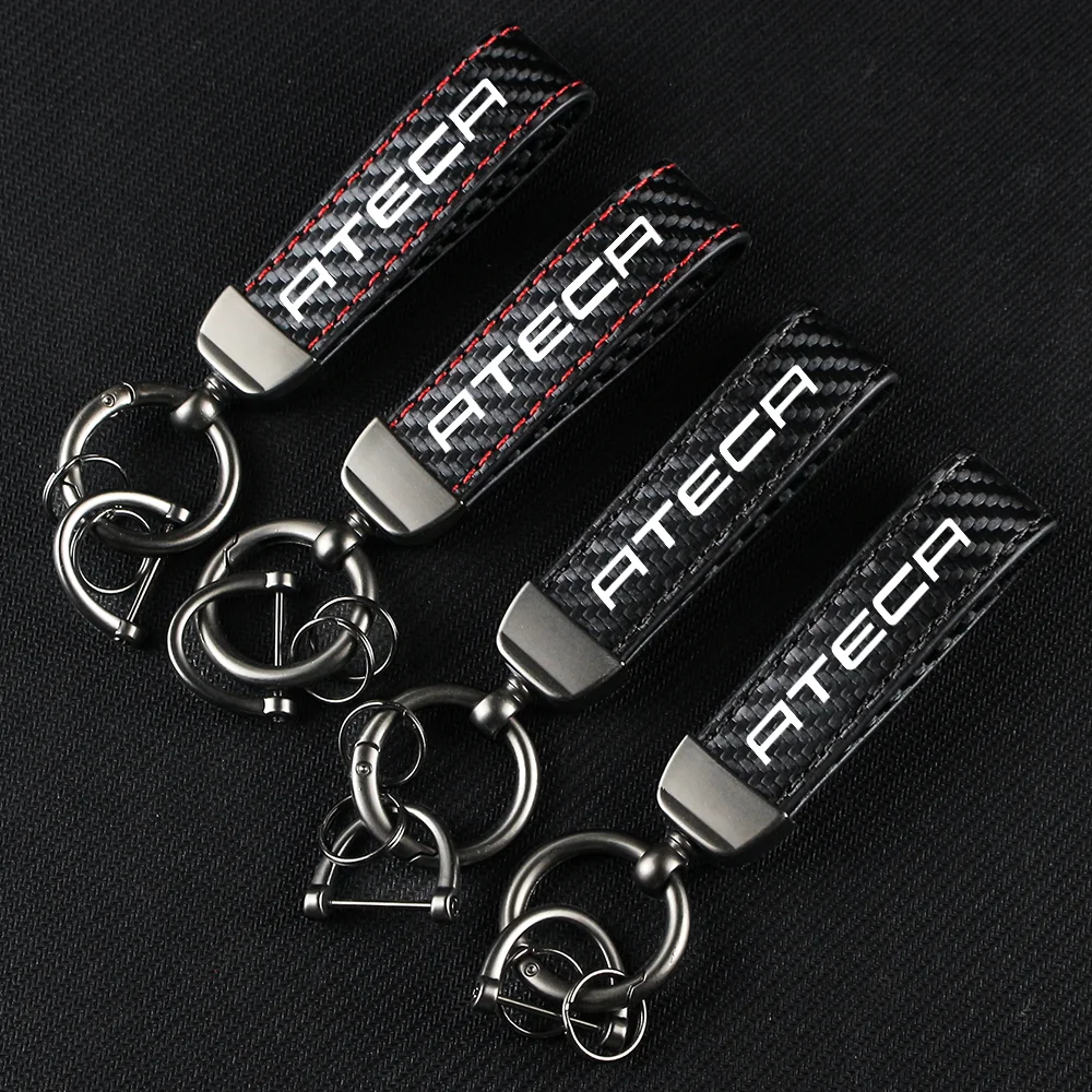 Carbon Fiber Leather Rope Car Keychain Alloy Key Chain Pendant Keyring Horseshoe Buckle for ATECA CUPRA E-RACER FR Accessories