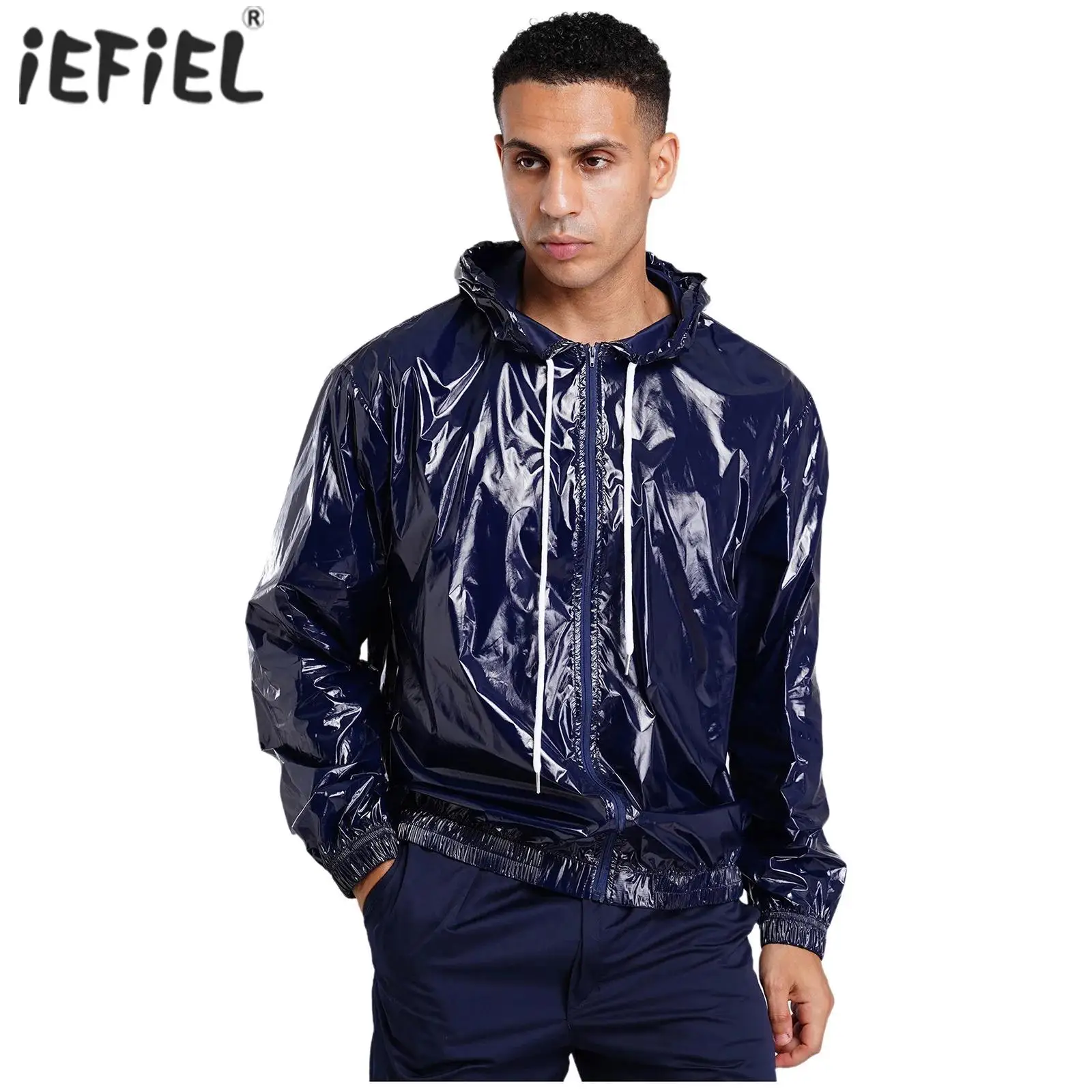 Mens Waterproof Hooded Jacket Tops Long Sleeve Front Zip-up Drawstring Hood Outerwear Windbreaker Raincoat Hiking Fishing Tops