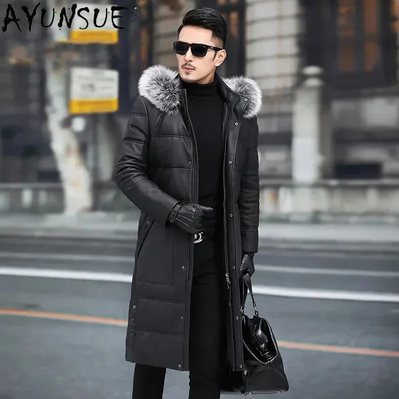 AYUNSUE Erkekler Parkas Winter Real Sheepskin Leather Jackets for Men Clothing Men's Down Jacket 100% Fox Fur Collar Ropa LXR822