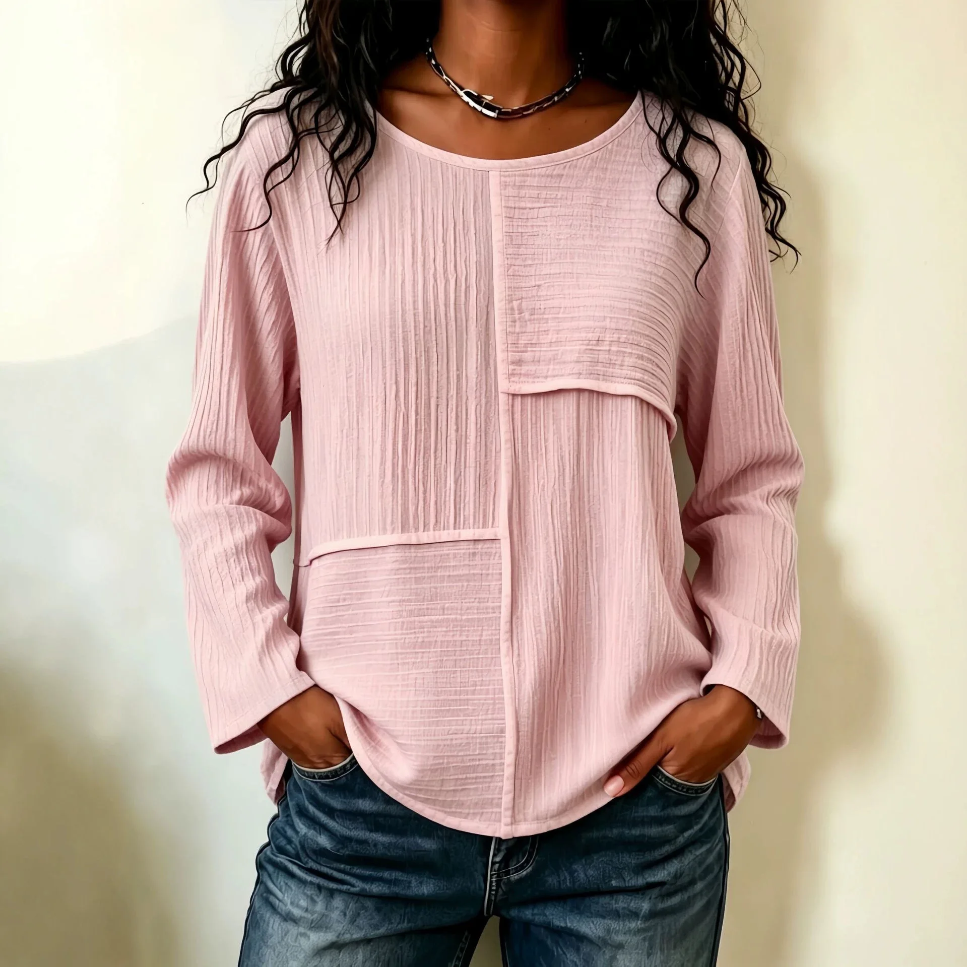 Women's 2026 Autumn/winter New Collection: Circular Neck Patchwork Fashionable Random Loose Long-sleeve Top Dresses For Women