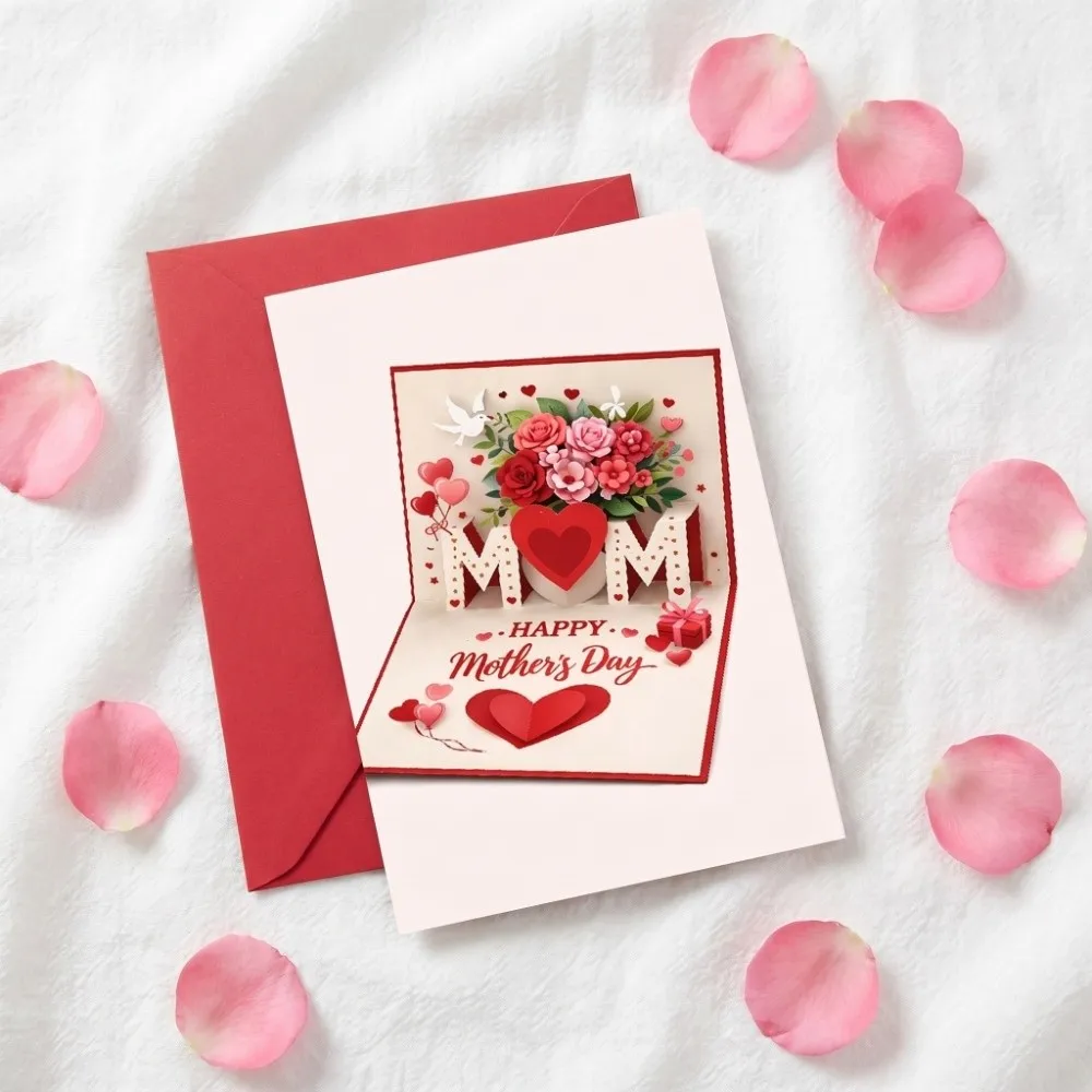 Imitation 3D Mother's Day Greeting Card Rose Heart Patterns with the Words Whimsical Card Novelty Surprise Happy Birthday Card