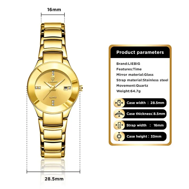 LIEBIG Luxury Golden Stainless Steel Quartz Watch Women Men Waterproof Date Wristwatches For Ladies Female Clock Montre Femme