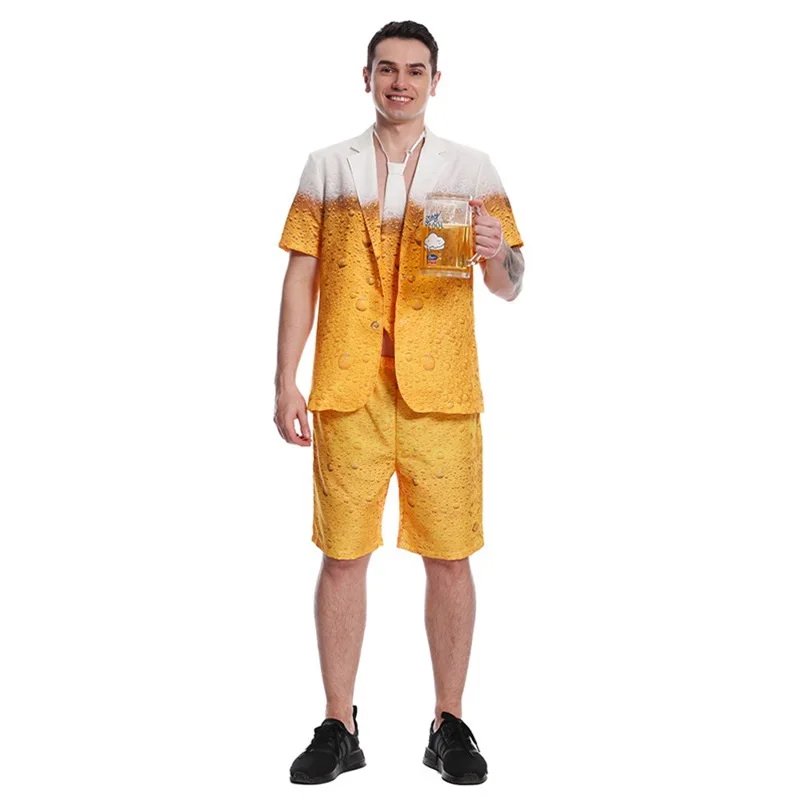 Men's Oktoberfest Suit Costume Fancy Dress Up Adult Clothes Role Play Yellow Beer Party Costumes for Cosplay Sets Coat and Pant