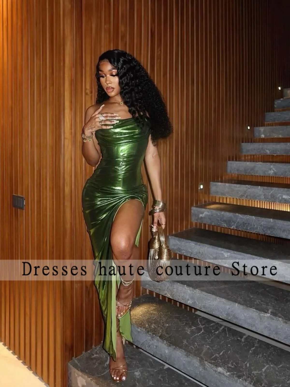 

Metallic Green Ruched Slit Maxi Party Dress Evening Dresses 2026 Birthday Dress For Woman 2026 Prom Dress Customized
