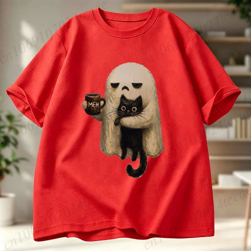 Ghost-Cat Shirt Gruselige Schwarze Katze Ästhetische Grafik-Tops für Frauen und Männer Kurzarm-T-Shirts Lustiges Geschenk für Introvertierte Halloween-Kaffeeliebhaber. – Detail 6