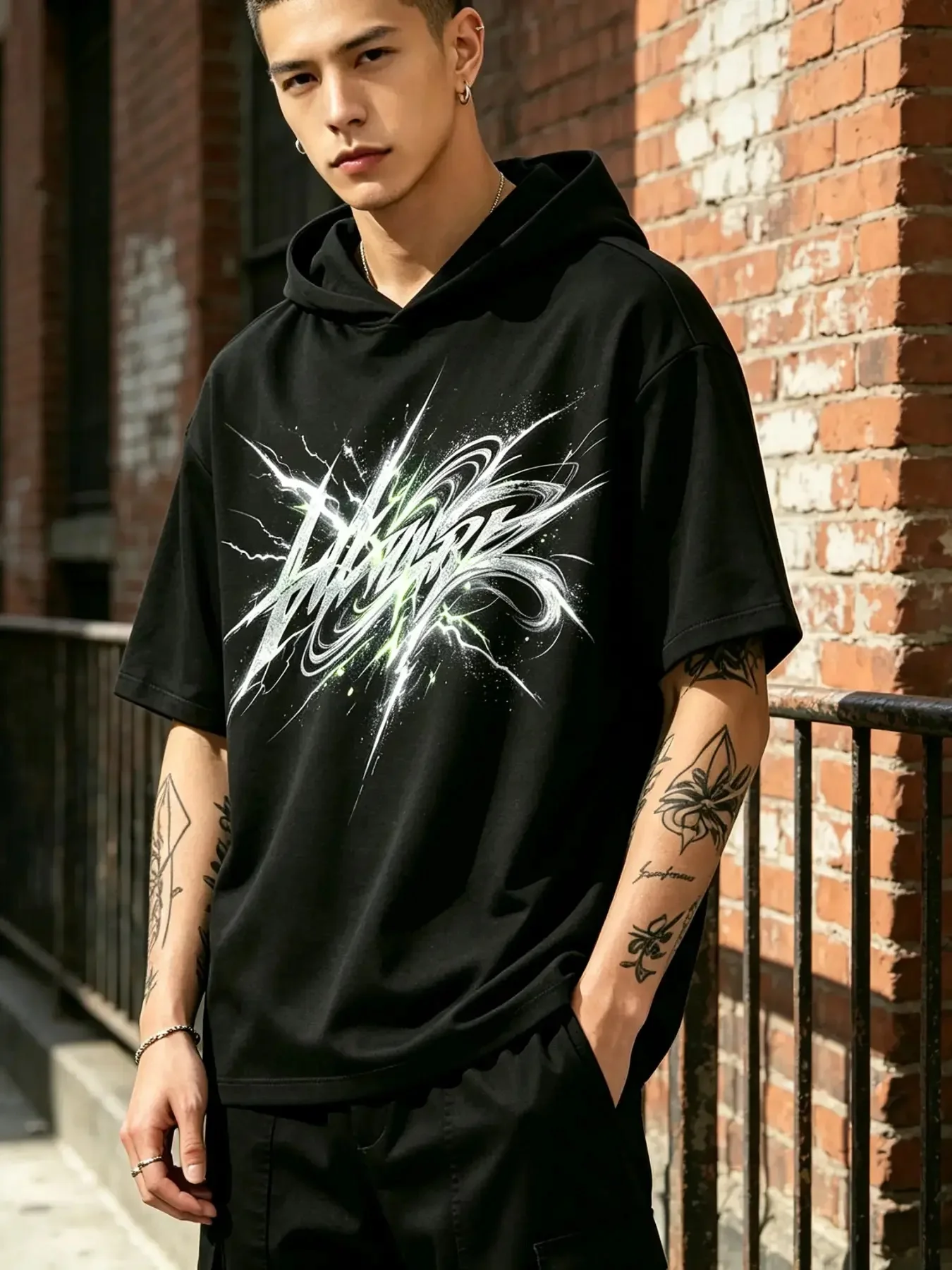 Neon Green Lightning Graffiti Letter Graphic Short Sleeve Hoodie Men Streetwear Tee