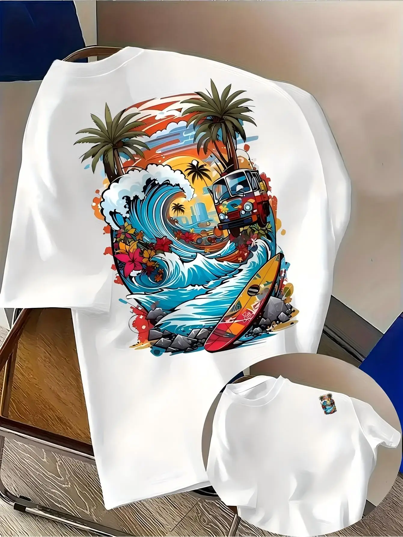 Harajuku Surfing Graphic Print T Shirt Unisex Double Sided Back Print Tee Summer Fashion Streetwear Loose Fit O-Neck Pullover