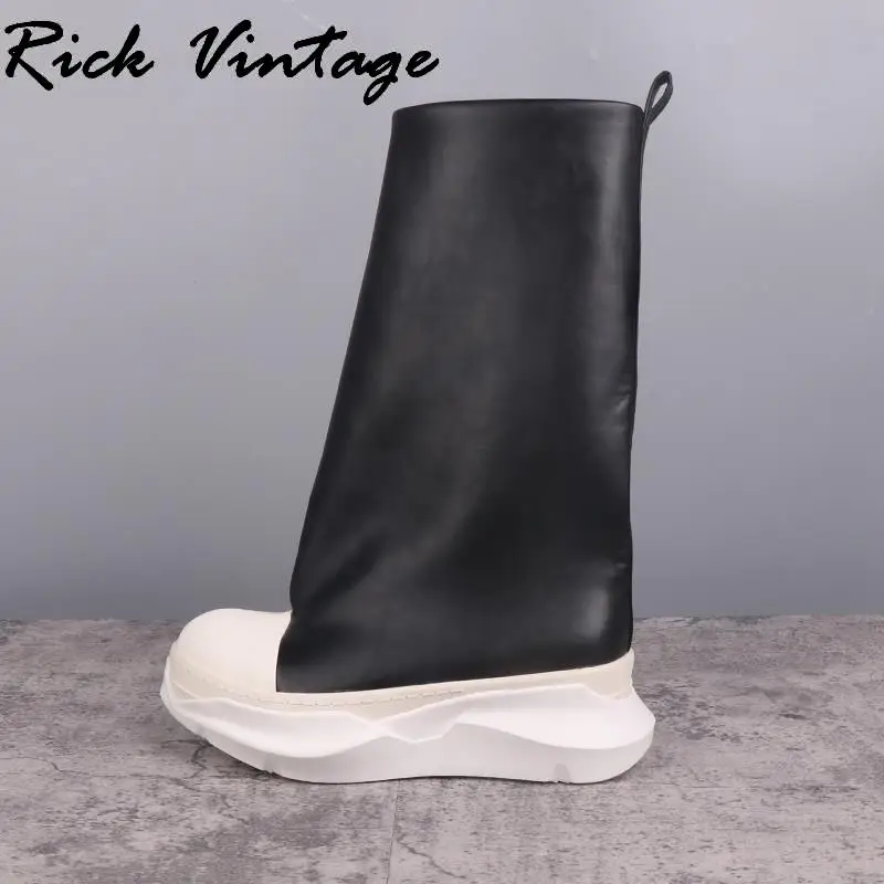 Rick Vintage Women Platform Motorcycle Boots High-TOP PU Leather Mid-Calf Sneaker Luxury Trainers Casual Autumn Flat Black Shoes