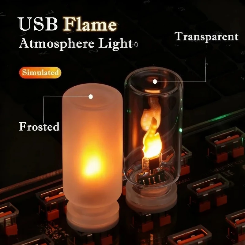Luz Noturna USB LED Tipo Chama com Vidro Fosco Transparente, Luz Dinâmica Cintilante para Iluminação de Ambiente em Carros e Lâmpada para Casa