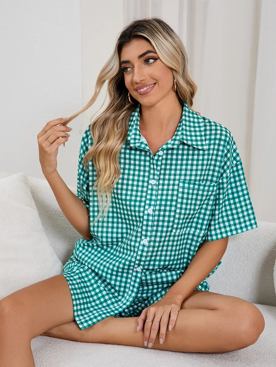Red Plaid Print Women's Pajamas Sets Single Breasted Drawstring Sleepwear Turn-Down Collar Home Suit Set Woman 2 Pieces Summer