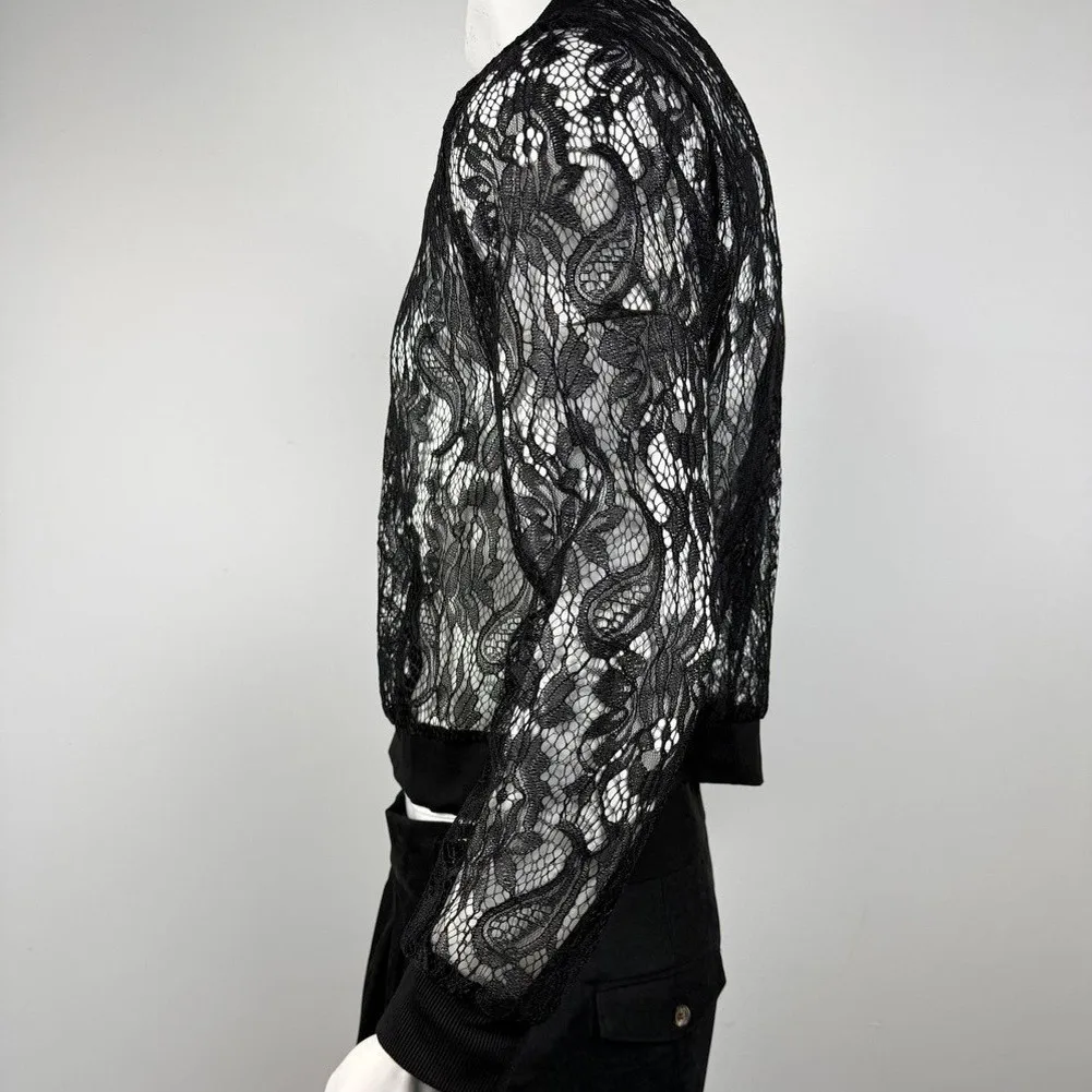 Men's Transparent Mesh Long Sleeve Jacket with Hollow Out Embroidery Lace Detail and Full Front Zipper for Casual Wear