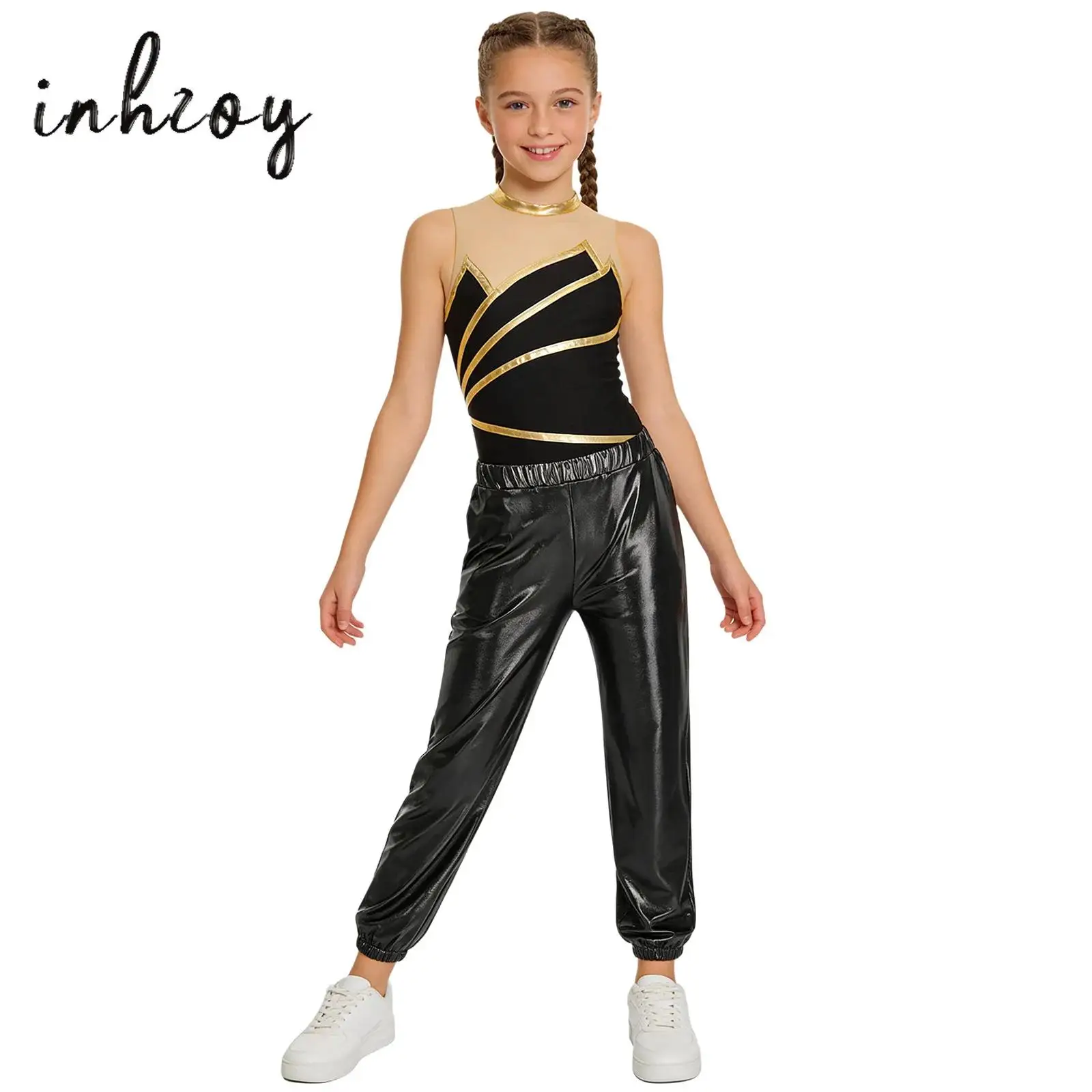 

Kids Girls Metallic Gymnastics Leotard Sheer Mesh Patchwork Sleeveless Sport Ballet Dance Bodysuit with Metallic Pants Dancewear