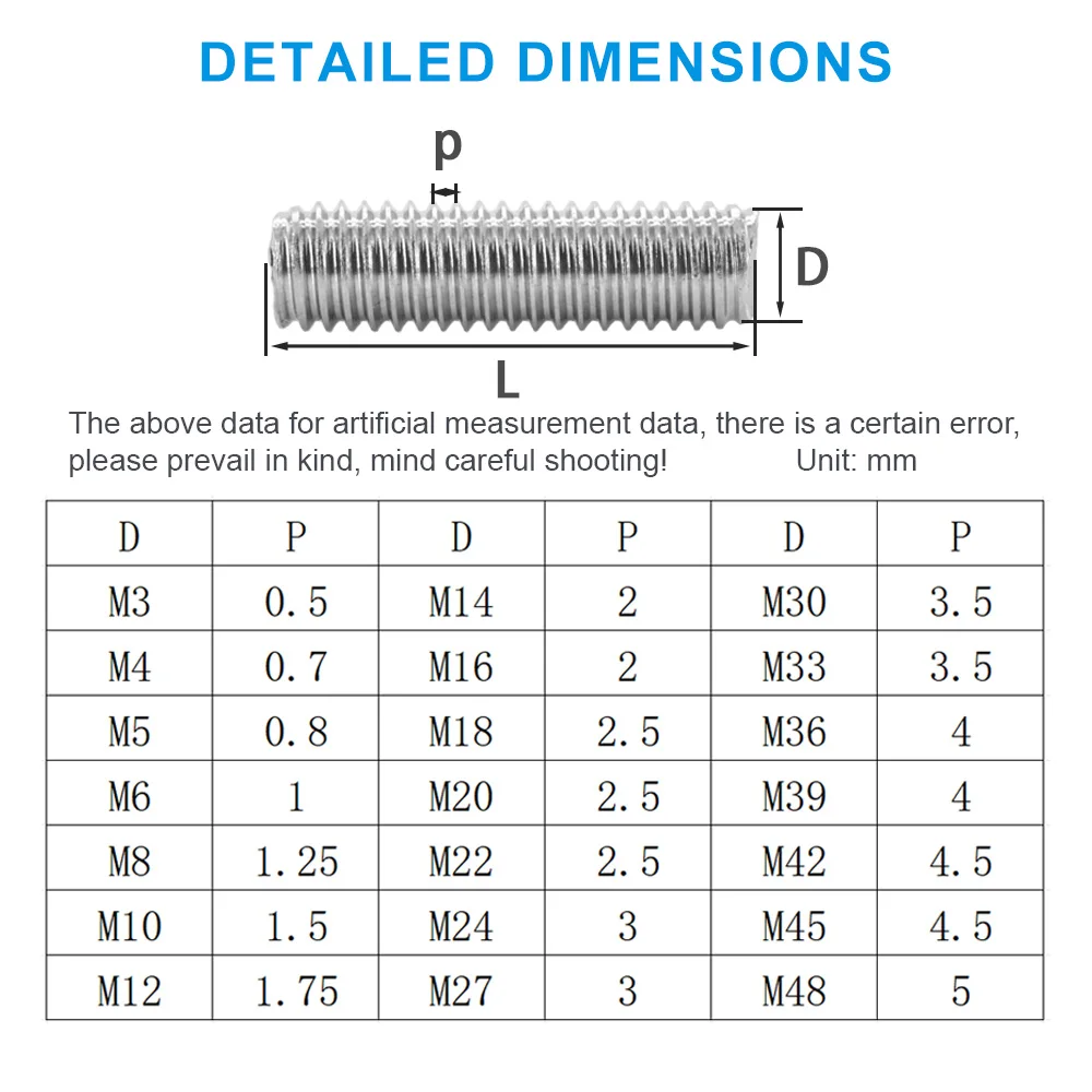M3 M4 M5 M6 M8 M10 304 Stainless Steel Full Threaded Rod Bolt Fully Metric  Headless Bolt Thread Stud Rods Screws Length16-100mm