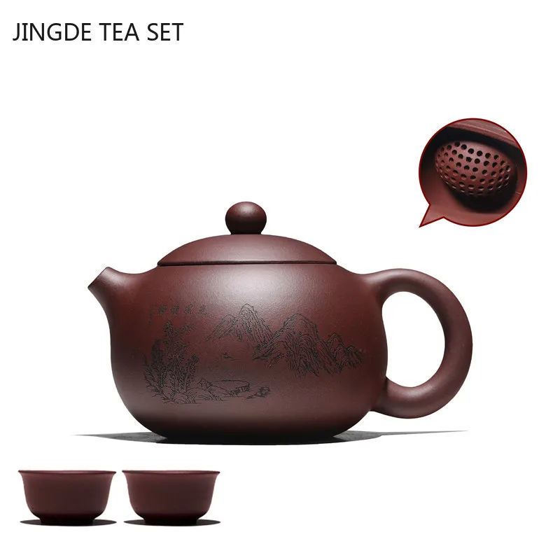 

Chinese Yixing Purple Clay Tea Pot Set Handmade Ball Hole Filter Tea Pot Beauty Kettles Teacup Zisha Tea Sets A Pot and Two Cups